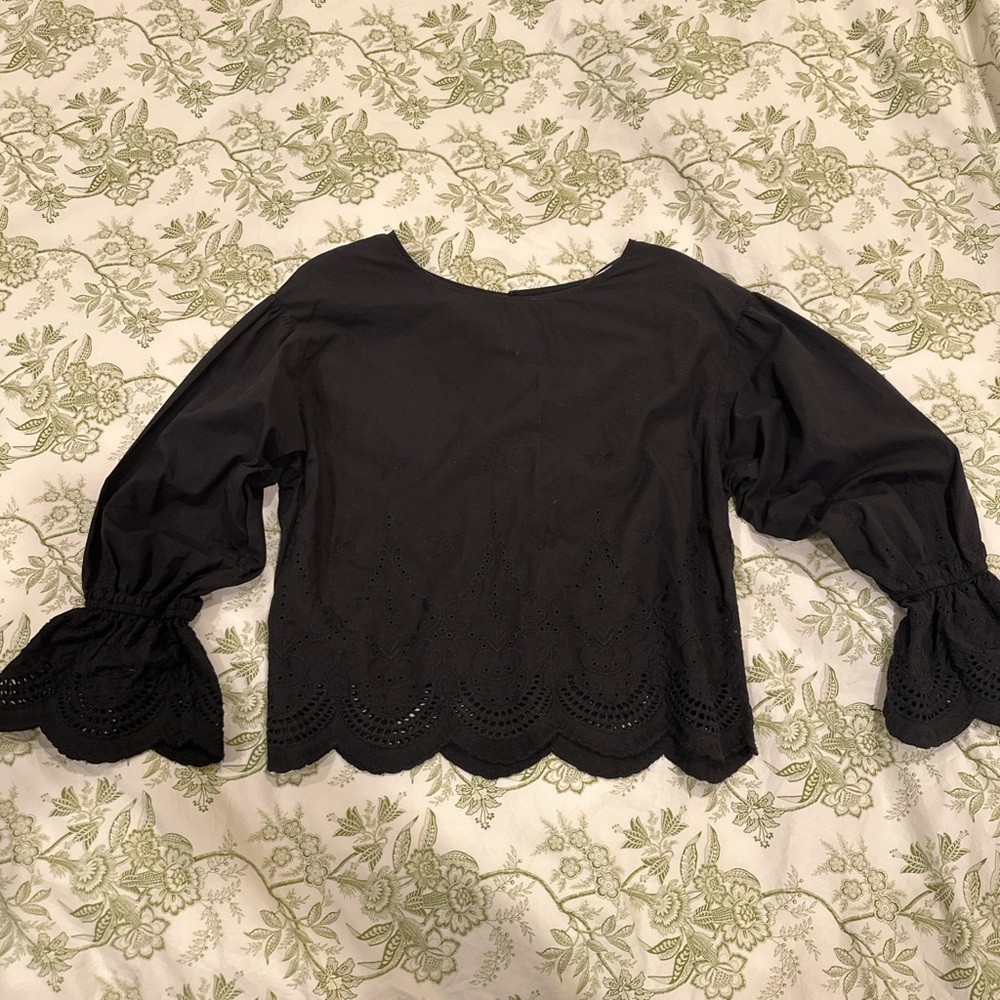 Black Eyelet Women's Top with Bubble Sleeves and Embroidered Detail